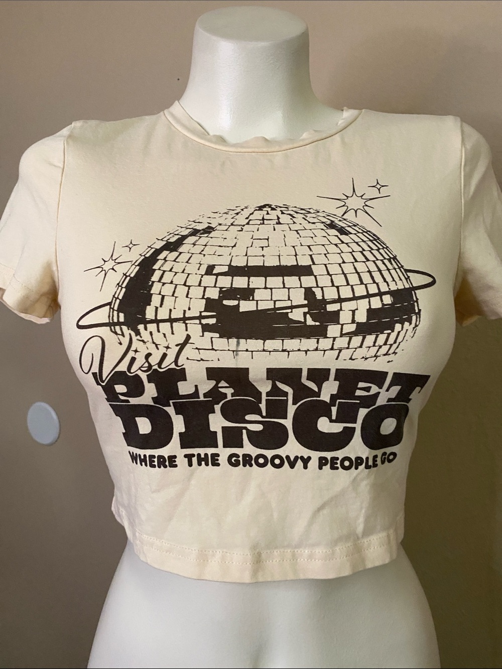 Visit Planet Disco Cropped cotton spandex rave Graphic baby Tee M